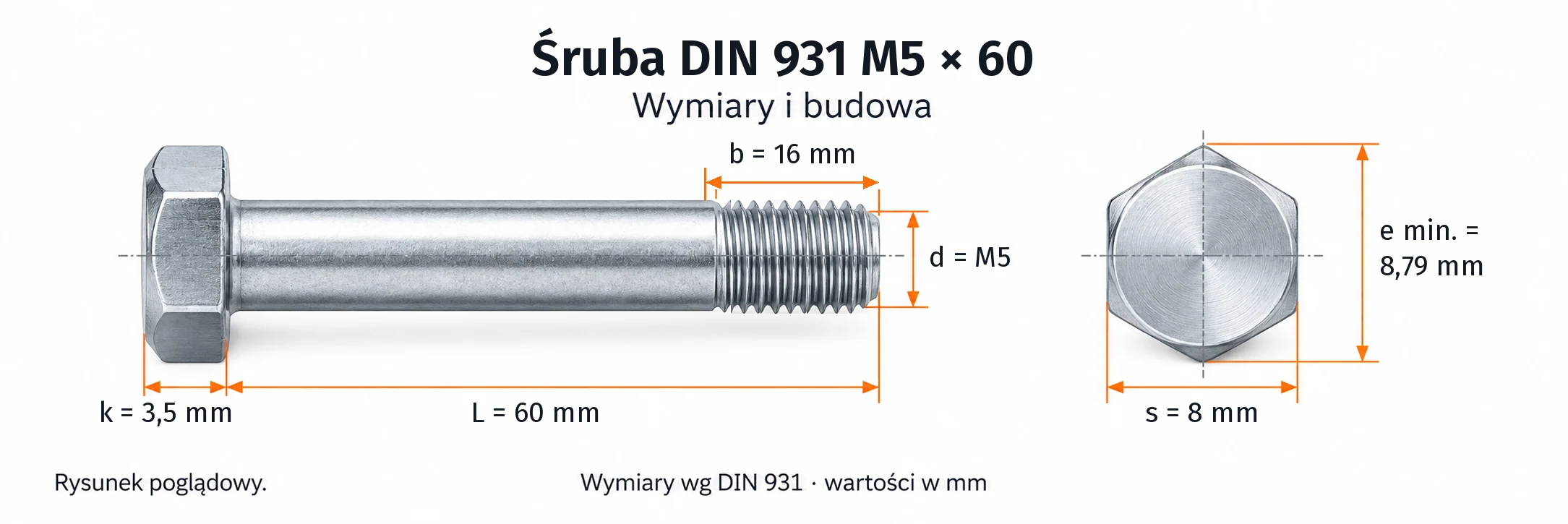 Śruba DIN 931 M5×60 – rysunek wymiarowy: gwint M5, długość L 60 mm, długość gwintu b 16 mm, wysokość łba k 3,5 mm, klucz s 8 mm, wymiar po narożach e min. 8,79 mm