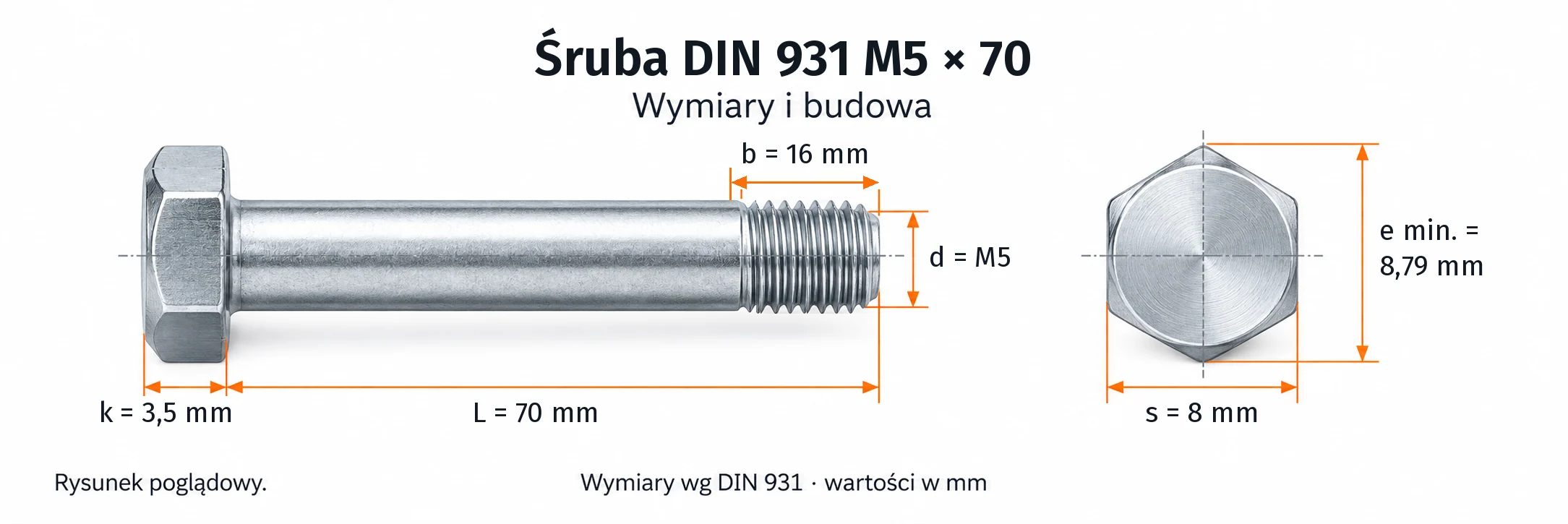 Śruba DIN 931 M5×70 – rysunek wymiarowy: gwint M5, długość L 70 mm, długość gwintu b 16 mm, wysokość łba k 3,5 mm, klucz s 8 mm, wymiar po narożach e min. 8,79 mm