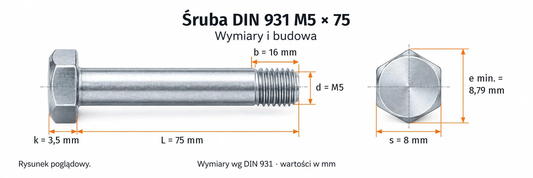 Śruba DIN 931 M5×75 – rysunek wymiarowy: gwint M5, długość L 75 mm, długość gwintu b 16 mm, wysokość łba k 3,5 mm, klucz s 8 mm, wymiar po narożach e min. 8,79 mm