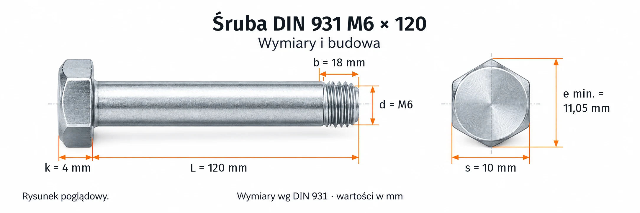 Śruba DIN 931 M6&times;120 &ndash; rysunek wymiarowy: gwint M6, długość L 120 mm, długość gwintu b 18 mm, wysokość łba k 4 mm, klucz s 10 mm, wymiar po narożach e min. 11,05 mm