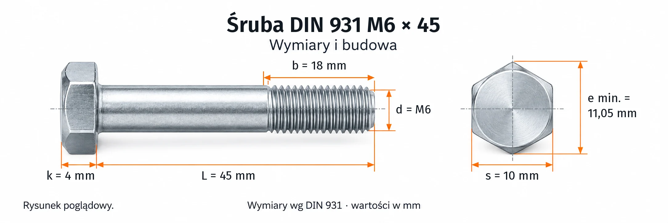 Śruba DIN 931 M6×45 – rysunek wymiarowy: gwint M6, długość L 45 mm, długość gwintu b 18 mm, wysokość łba k 4 mm, klucz s 10 mm, wymiar po narożach e min. 11,05 mm