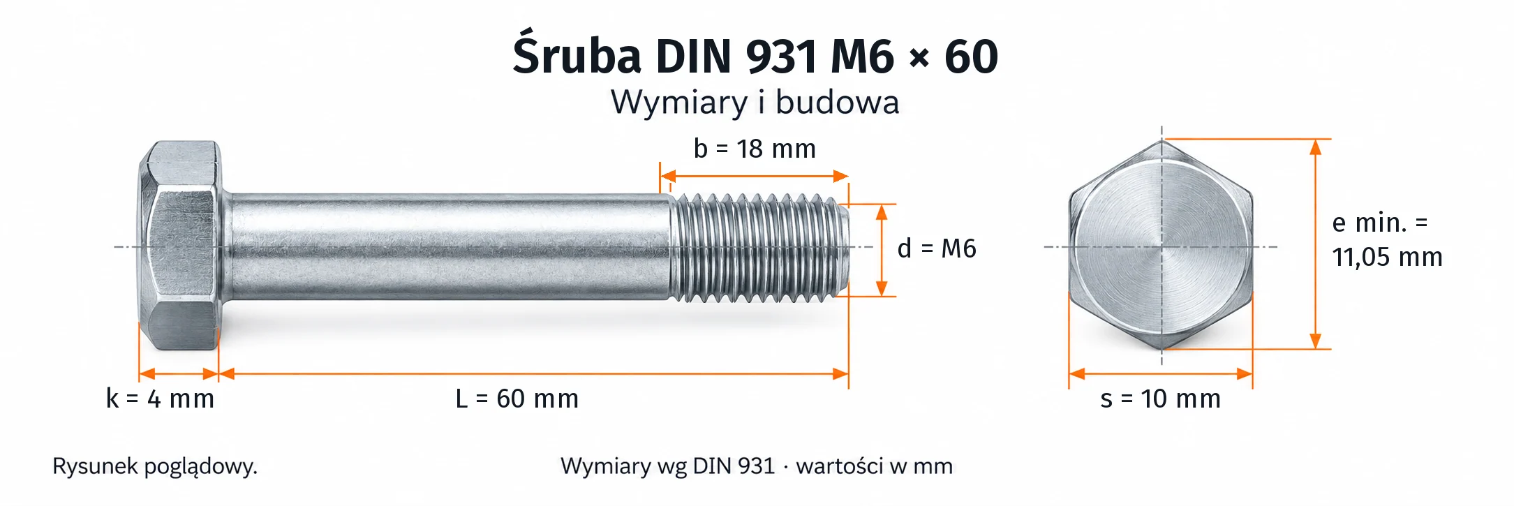 Śruba DIN 931 M6×60 – rysunek wymiarowy: gwint M6, długość L 60 mm, długość gwintu b 18 mm, wysokość łba k 4 mm, klucz s 10 mm, wymiar po narożach e min. 11,05 mm