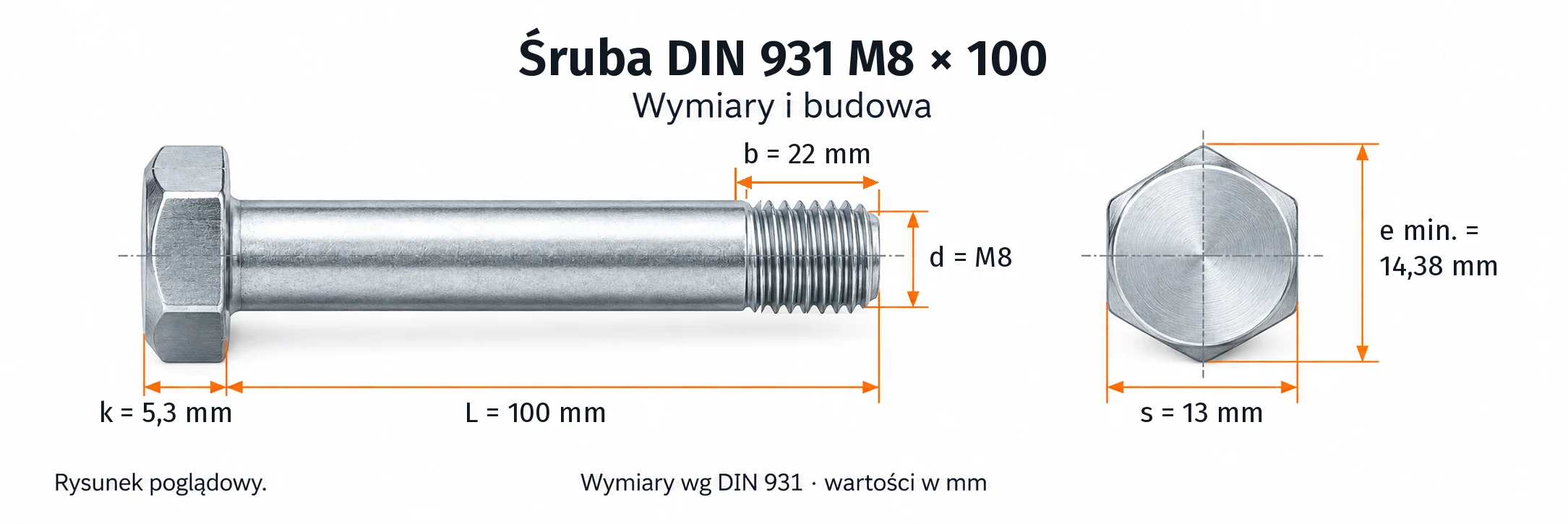 Śruba DIN 931 M8×100 – rysunek wymiarowy: gwint M8, długość L 100 mm, długość gwintu b 22 mm, wysokość łba k 5,3 mm, klucz s 13 mm, wymiar po narożach e min. 14,38 mm