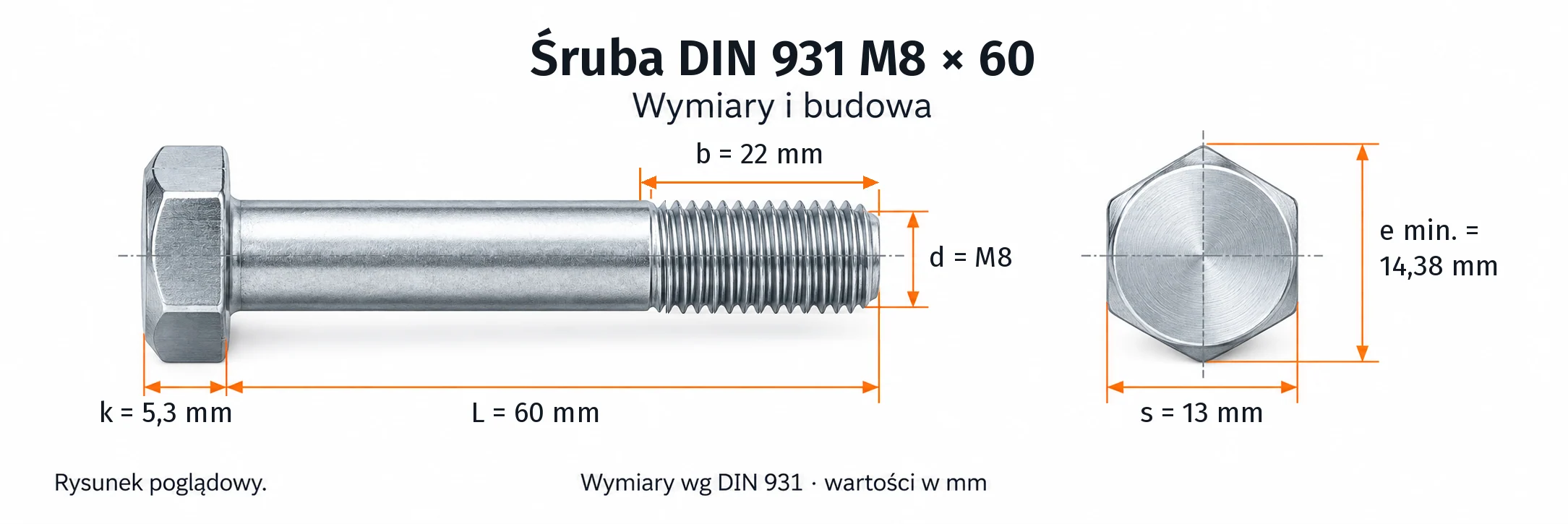 Śruba DIN 931 M8×60 – rysunek wymiarowy: gwint M8, długość L 60 mm, długość gwintu b 22 mm, wysokość łba k 5,3 mm, klucz s 13 mm, wymiar po narożach e min. 14,38 mm