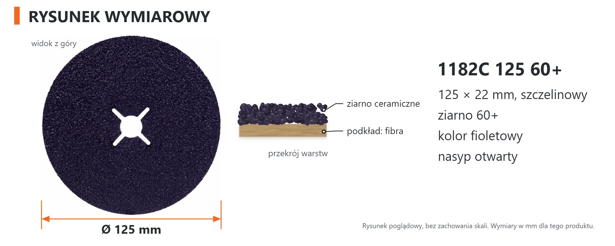 Rysunek wymiarowy &ndash; Dysk fibrowy 3M Cubitron 3 1182C 125 &times; 22 mm, 60+