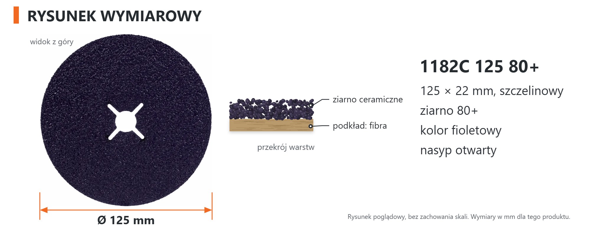 Rysunek wymiarowy &ndash; Dysk fibrowy 3M Cubitron 3 1182C 125 &times; 22 mm, 80+