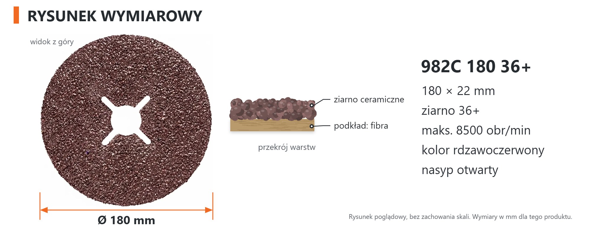 Rysunek wymiarowy &ndash; Dysk fibrowy 3M Cubitron II 982C 180 &times; 22 mm, 36+