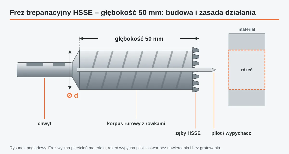 Schemat frezu trepanacyjnego HSSE: chwyt, korpus rurowy, zęby, pilot-wypychacz, średnica d i&nbsp;głębokość robocza 50 mm