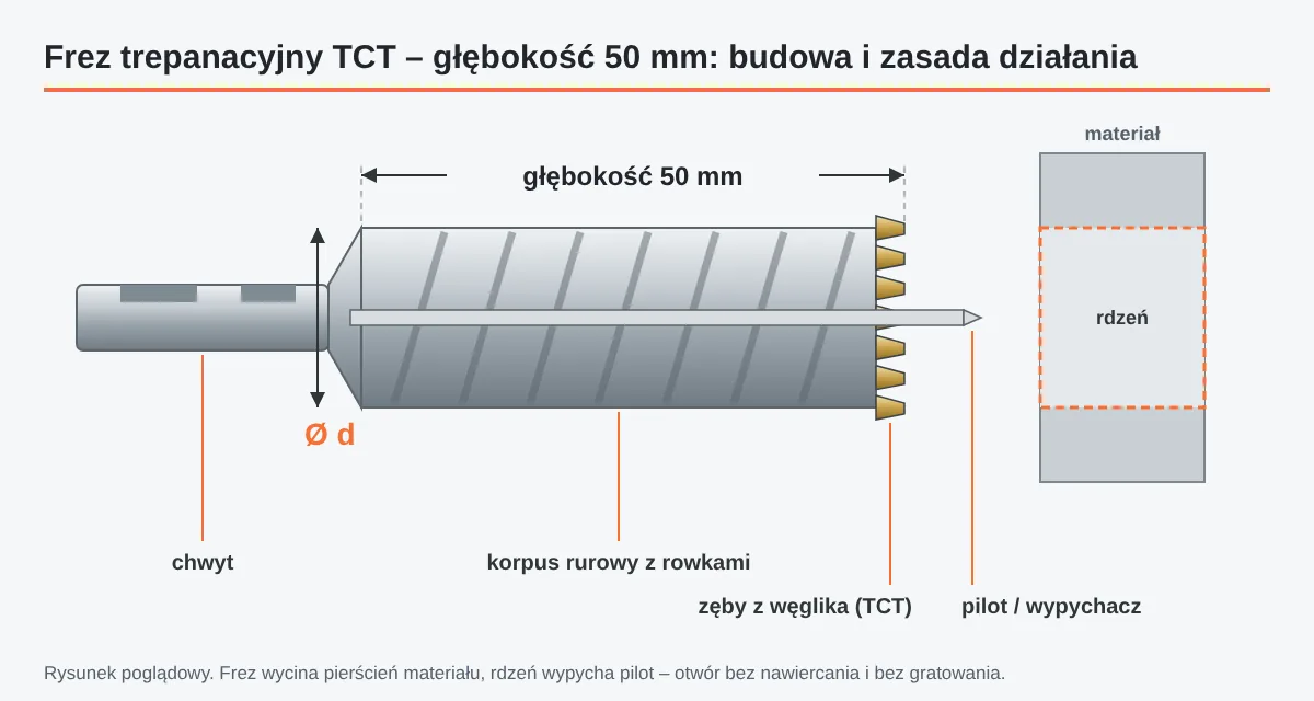 Schemat frezu trepanacyjnego TCT: chwyt, korpus rurowy, zęby, pilot-wypychacz, średnica d i głębokość robocza 50 mm
