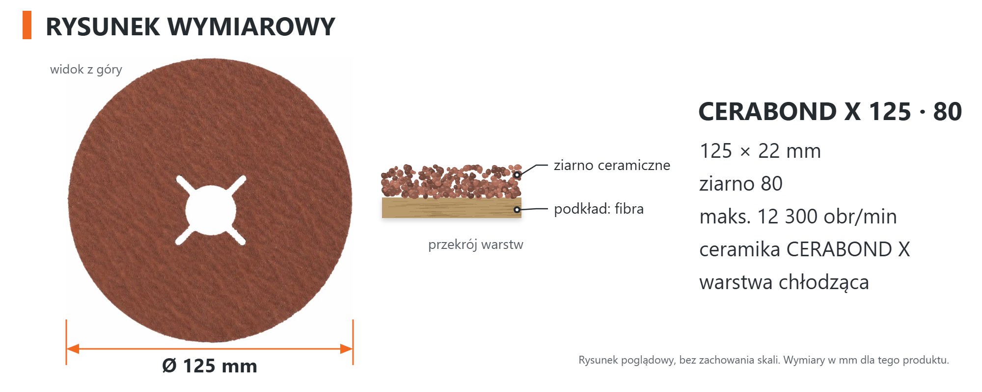 Rysunek wymiarowy &ndash; Krążek fibrowy Tyrolit CERABOND X 125 &times; 22 mm, ziarno 80