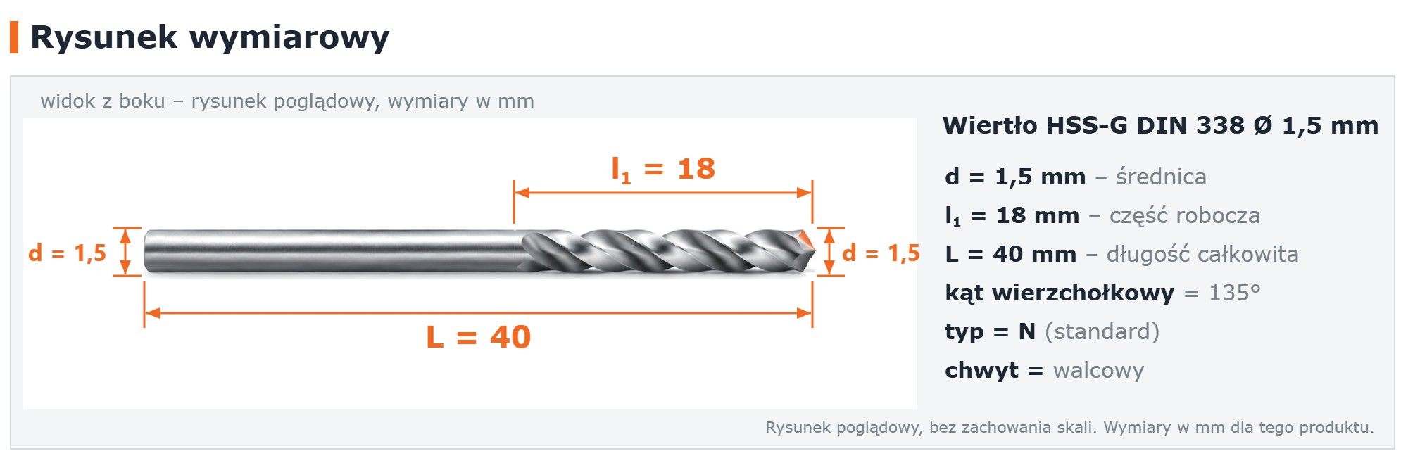Rysunek wymiarowy &ndash; wiertło HSS-G DIN 338 &Oslash; 1,5 mm, L 40 mm, l1 18 mm