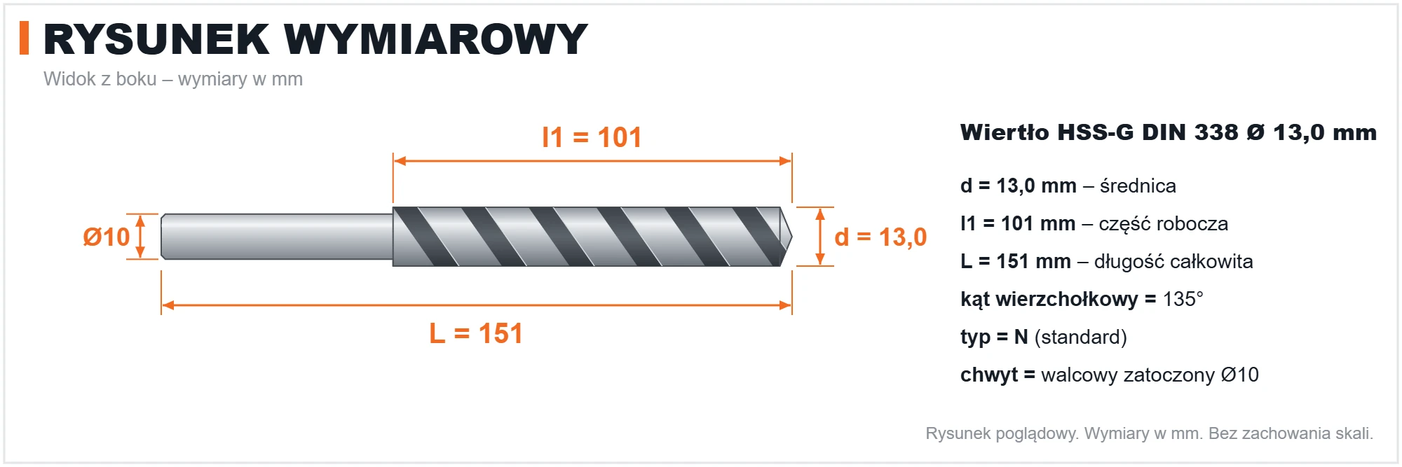 Rysunek wymiarowy &ndash; wiertło HSS-G DIN 338 &Oslash; 13,0 mm, L 151 mm, l1 101 mm, chwyt zatoczony &Oslash; 10 mm