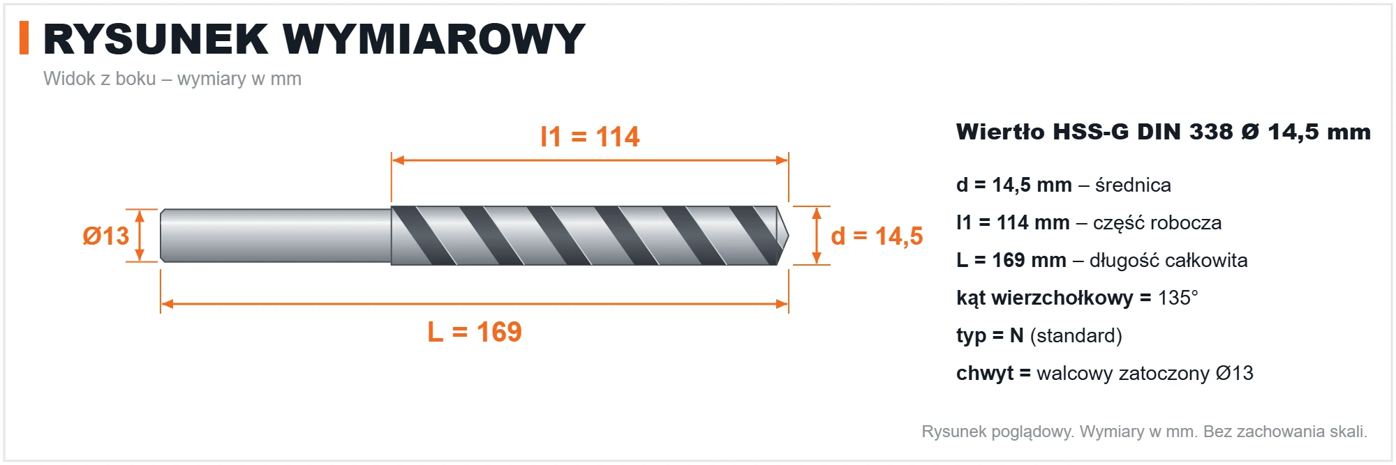 Rysunek wymiarowy &ndash; wiertło HSS-G DIN 338 &Oslash; 14,5 mm, L 169 mm, l1 114 mm, chwyt zatoczony &Oslash; 13 mm