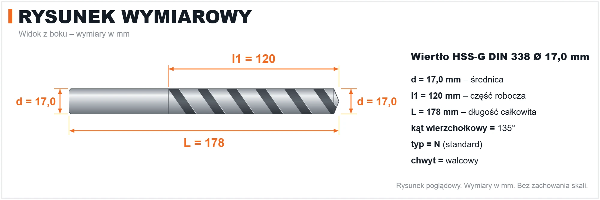 Rysunek wymiarowy &ndash; wiertło HSS-G DIN 338 &Oslash; 17,0 mm, L 178 mm, l1 120 mm