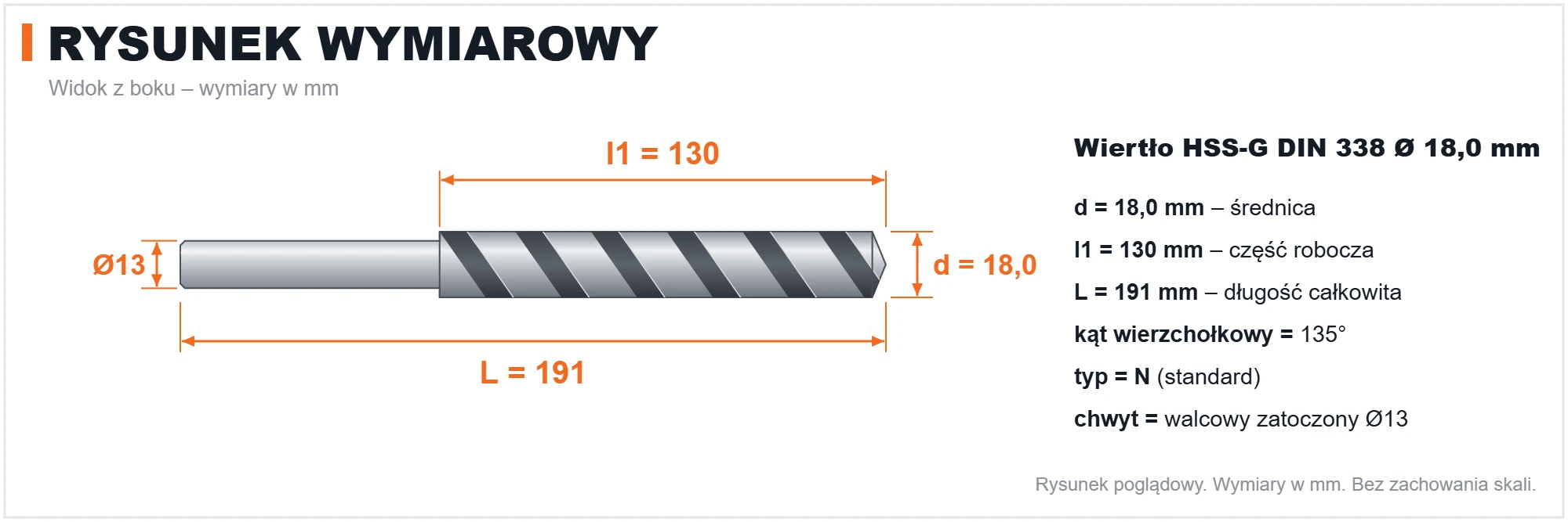 Rysunek wymiarowy &ndash; wiertło HSS-G DIN 338 &Oslash; 18,0 mm, L 191 mm, l1 130 mm, chwyt zatoczony &Oslash; 13 mm
