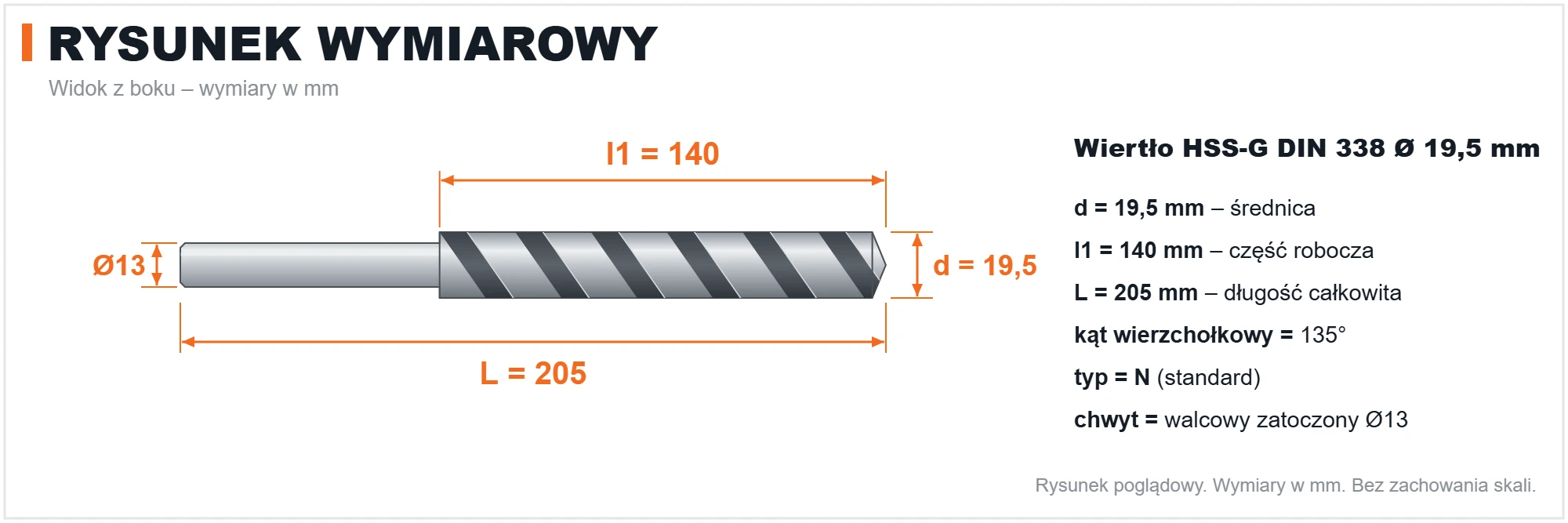 Rysunek wymiarowy &ndash; wiertło HSS-G DIN 338 &Oslash; 19,5 mm, L 205 mm, l1 140 mm, chwyt zatoczony &Oslash; 13 mm