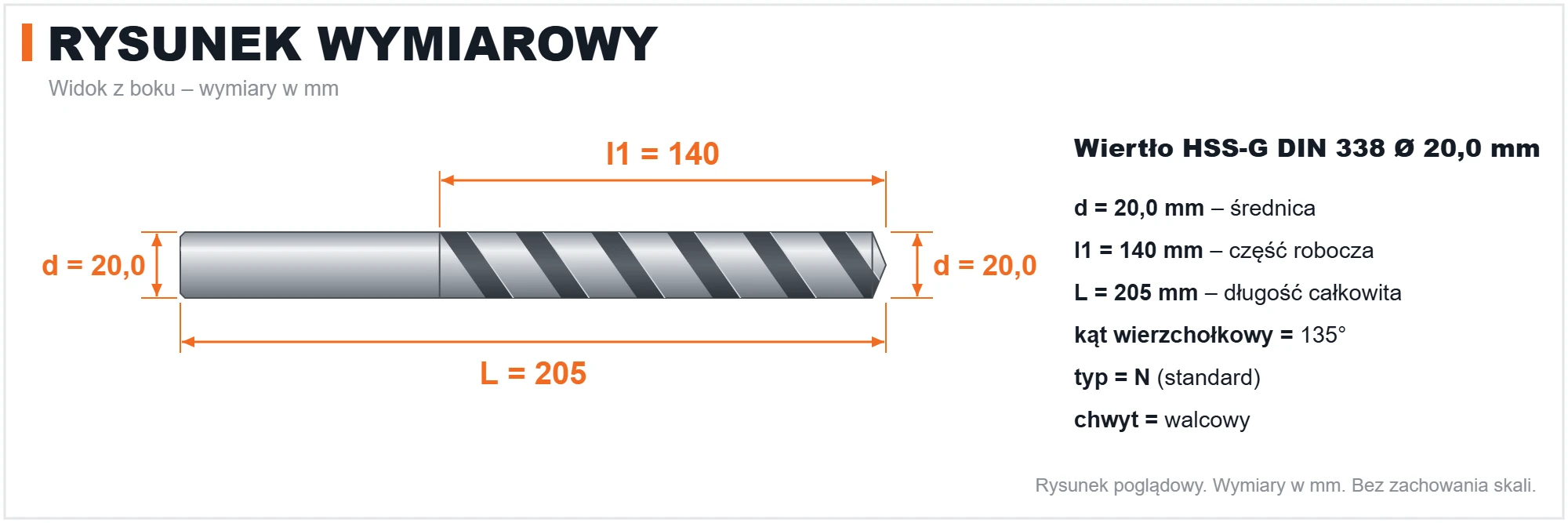 Rysunek wymiarowy &ndash; wiertło HSS-G DIN 338 &Oslash; 20,0 mm, L 205 mm, l1 140 mm