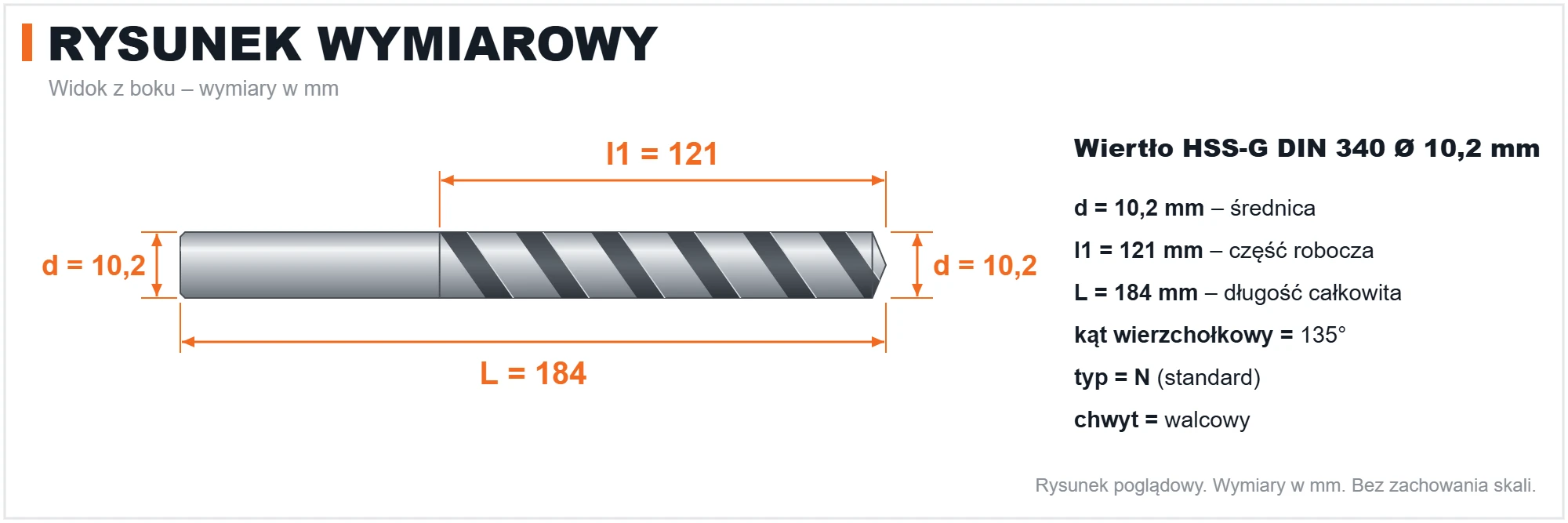 Rysunek wymiarowy &ndash; wiertło przedłużane HSS-G DIN 340 &Oslash; 10,2 mm, L 184 mm, l1 121 mm