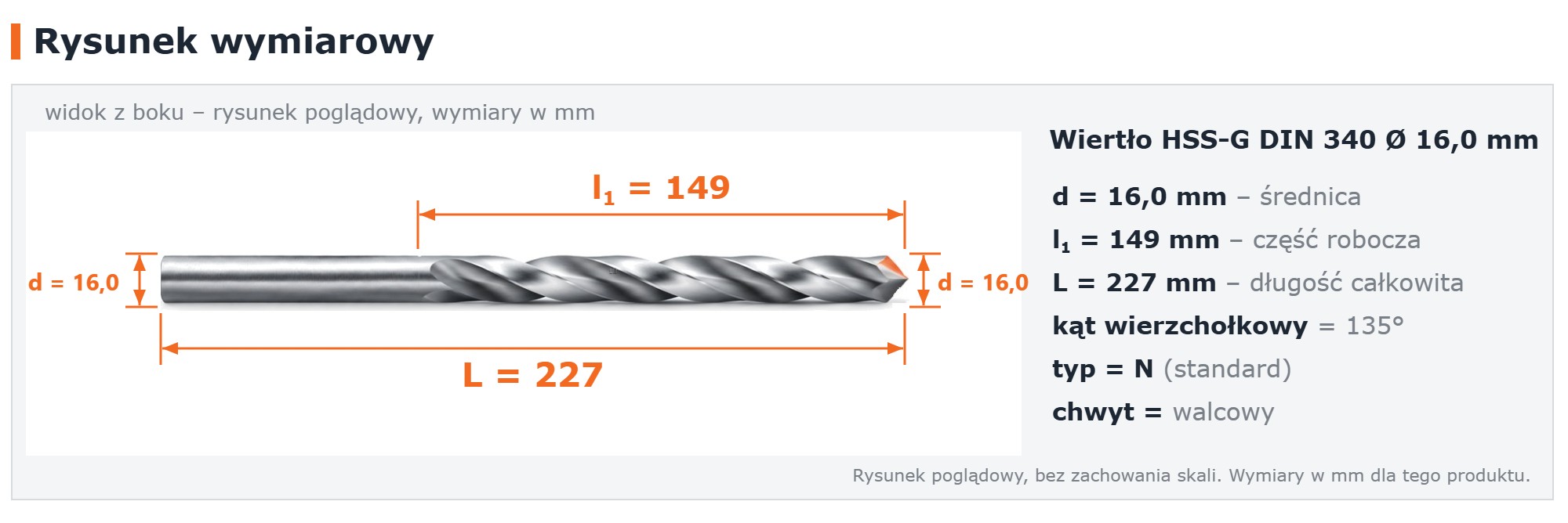 Rysunek wymiarowy &ndash; wiertło HSS-G DIN 340 &Oslash; 16,0 mm, L 227 mm, l1 149 mm