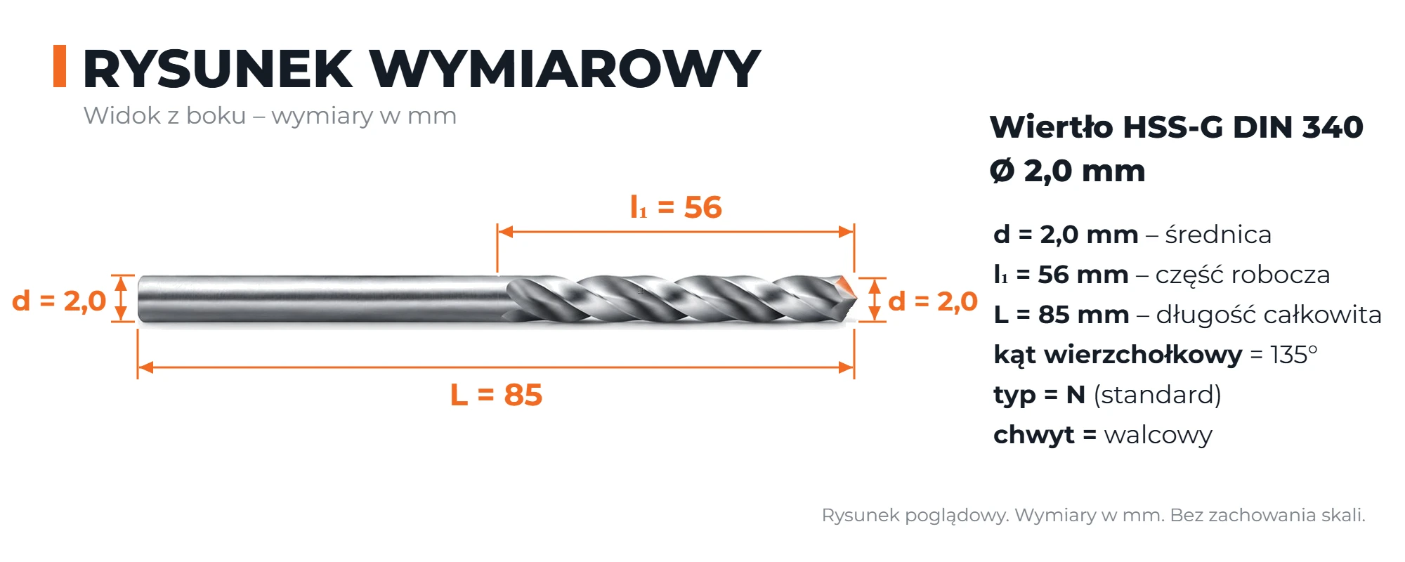 Rysunek wymiarowy &ndash; wiertło przedłużane HSS-G DIN 340 &Oslash; 2,0 mm, L 85 mm, l1 56 mm