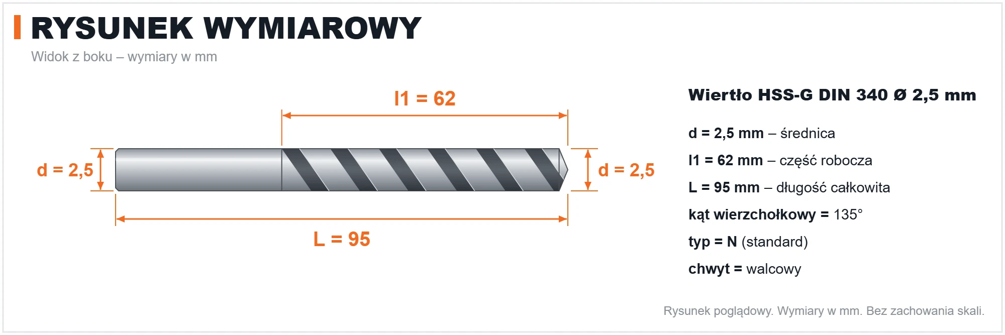 Rysunek wymiarowy &ndash; wiertło przedłużane HSS-G DIN 340 &Oslash; 2,5 mm, L 95 mm, l1 62 mm