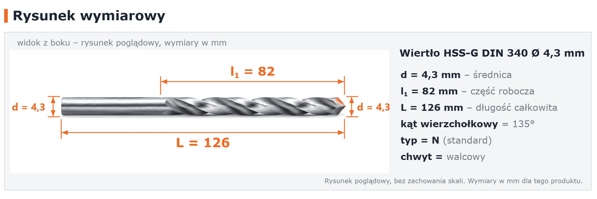 Rysunek wymiarowy &ndash; wiertło HSS-G DIN 340 &Oslash; 4,3 mm, L 126 mm, l1 82 mm