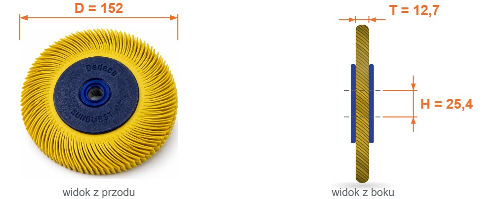Rysunek wymiarowy &ndash; Szczotka tarczowa PREMIUM SUNBURST z&nbsp;flanszami EXTRA-COARSE 50 &ndash; 152 &times; 12,7 &times; 25,4 mm &ndash; A1