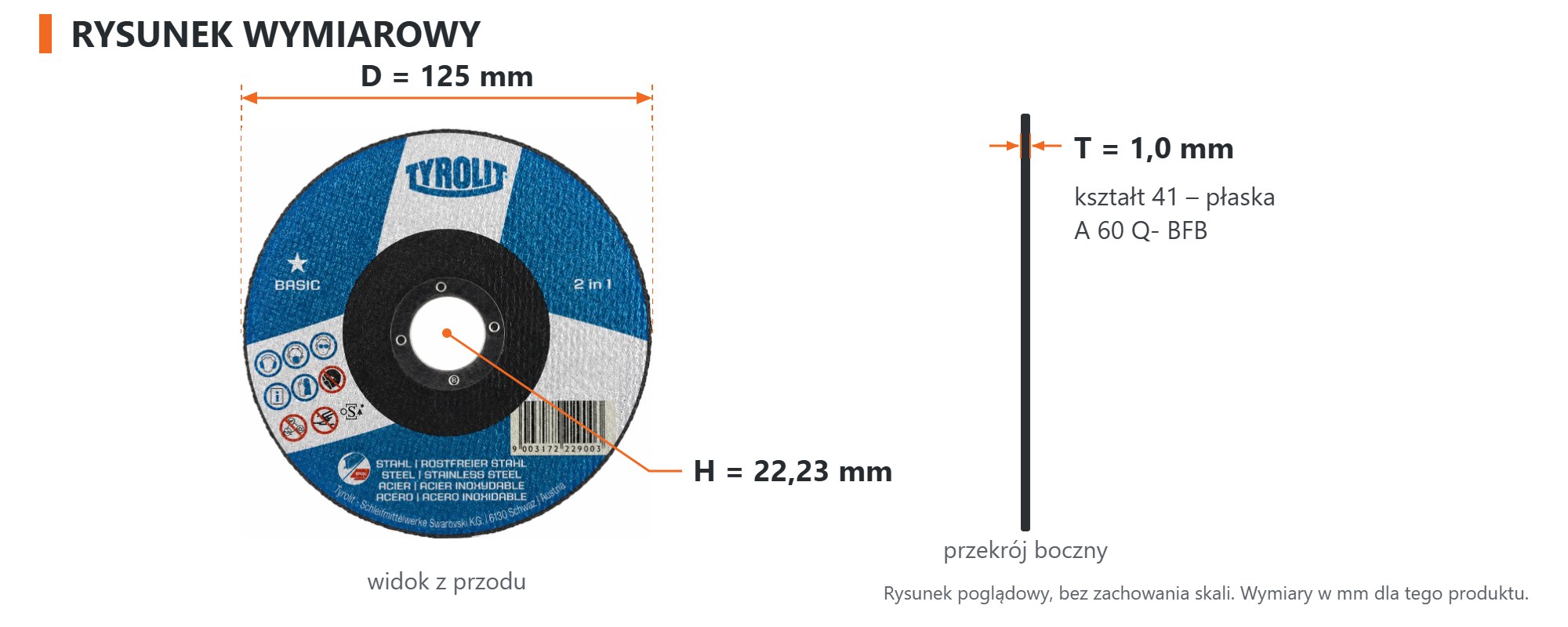 Rysunek wymiarowy &ndash; Tarcza do cięcia Tyrolit BASIC 2w1 125 &times; 1,0 &times; 22,23 mm