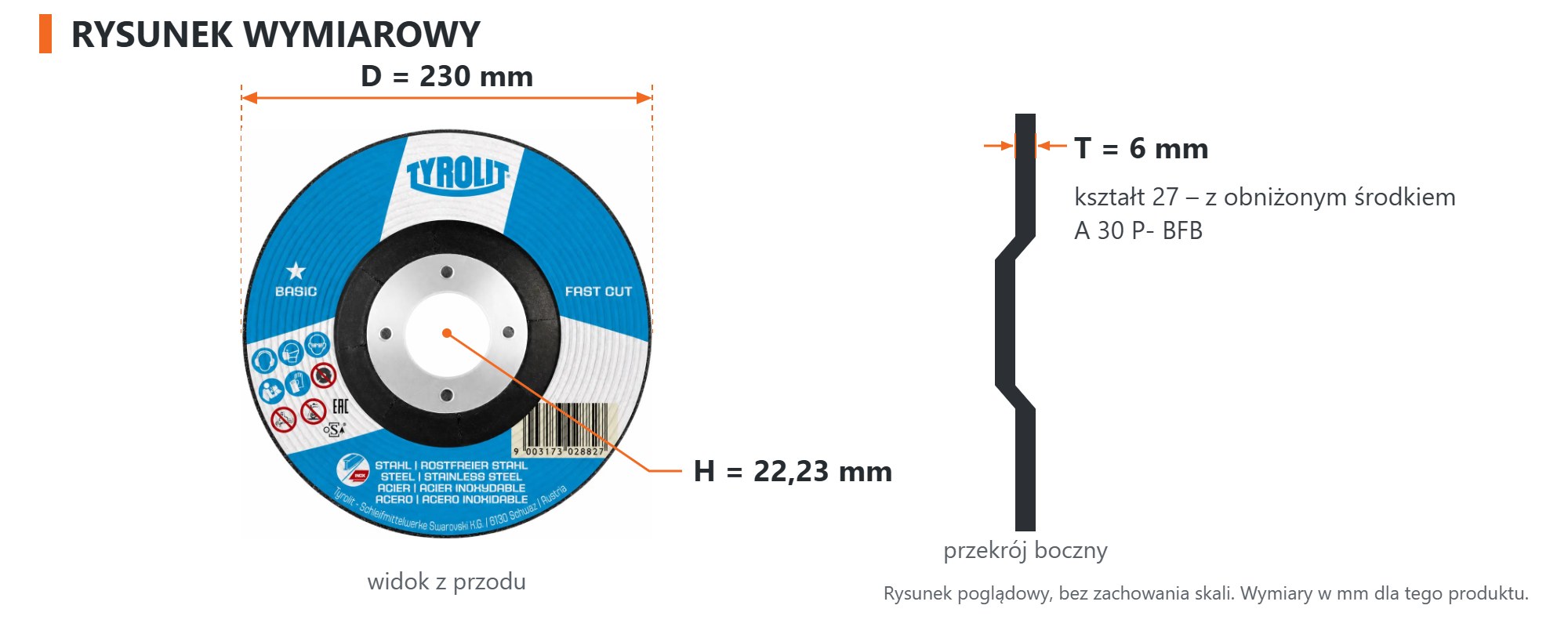 Rysunek wymiarowy &ndash; Tarcza do szlifowania Tyrolit BASIC FASTCUT 230 &times; 6 &times; 22,23 mm