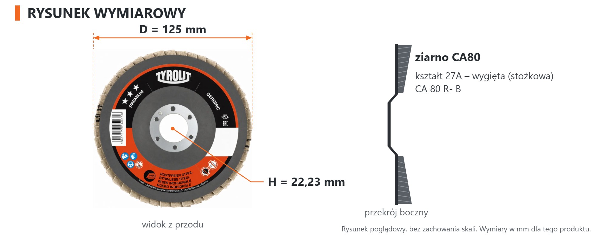 Rysunek wymiarowy &ndash; Tarcza lamelkowa Tyrolit PREMIUM CERAMIC CA80 125 &times; 22,23 mm