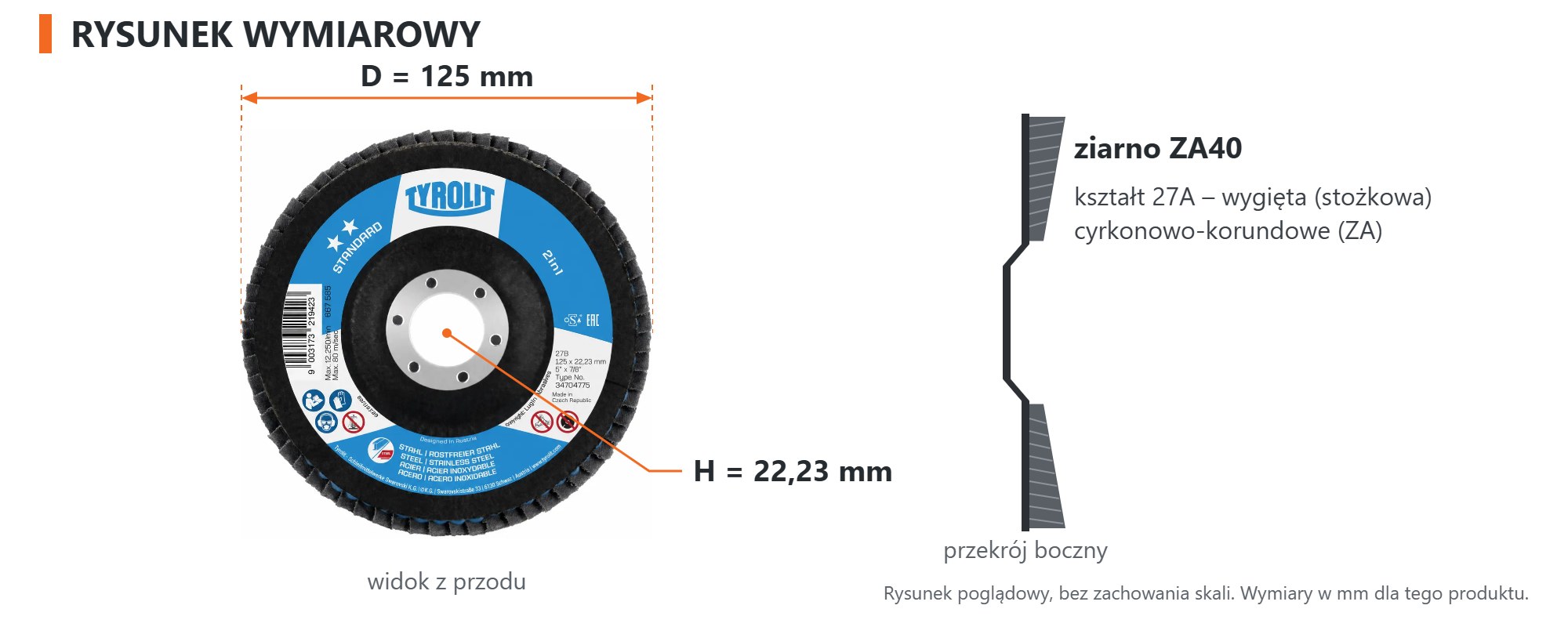 Rysunek wymiarowy &ndash; Tarcza lamelkowa Tyrolit STANDARD 2w1 ZA40 125 &times; 22,23 mm
