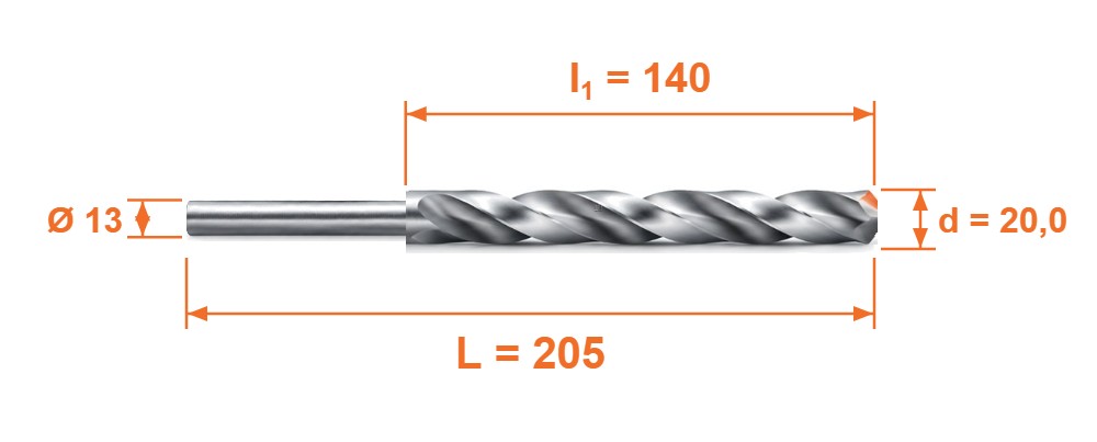 Rysunek wymiarowy &ndash; wiertło HSS-G DIN 338 &Oslash; 20,0 mm, L 205 mm, l1 140 mm, chwyt zatoczony &Oslash; 13 mm