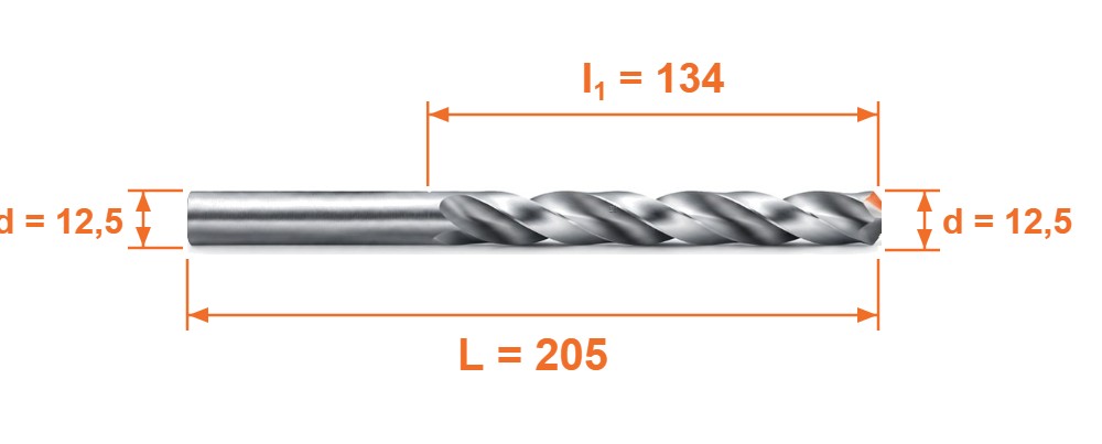 Rysunek wymiarowy &ndash; wiertło HSS-G DIN 340 &Oslash; 12,5 mm, L 205 mm, l1 134 mm