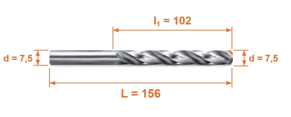 Rysunek wymiarowy &ndash; wiertło HSS-G DIN 340 &Oslash; 7,5 mm, L 156 mm, l1 102 mm