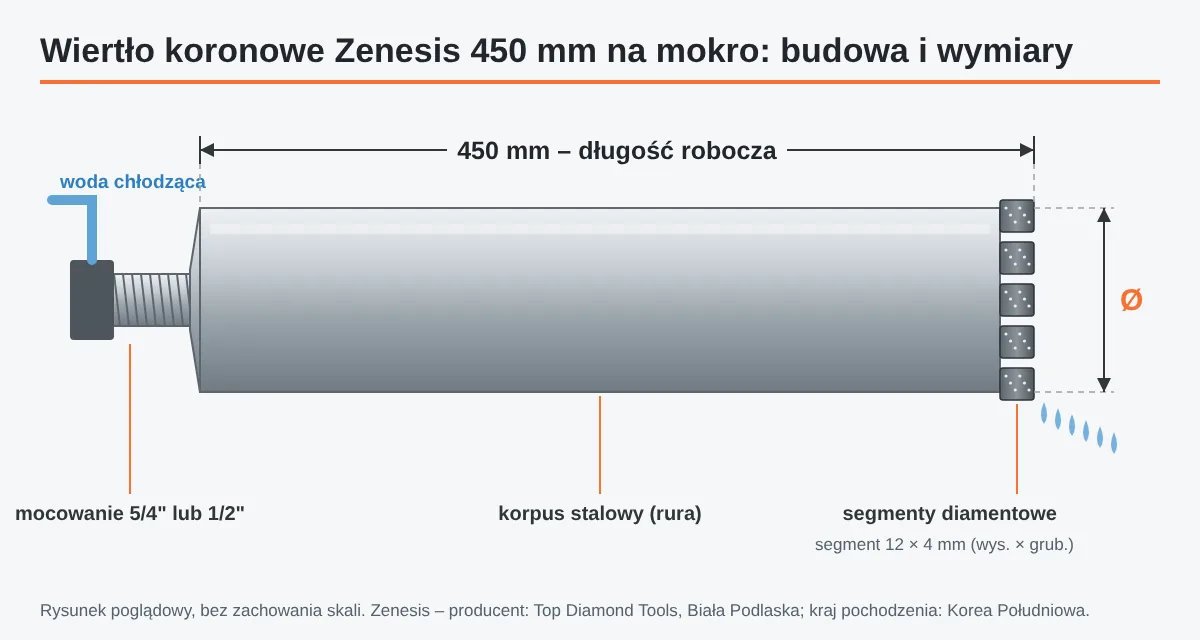 Schemat wiertła koronowego Zenesis na mokro: mocowanie, korpus 450 mm, segmenty diamentowe, doprowadzenie wody