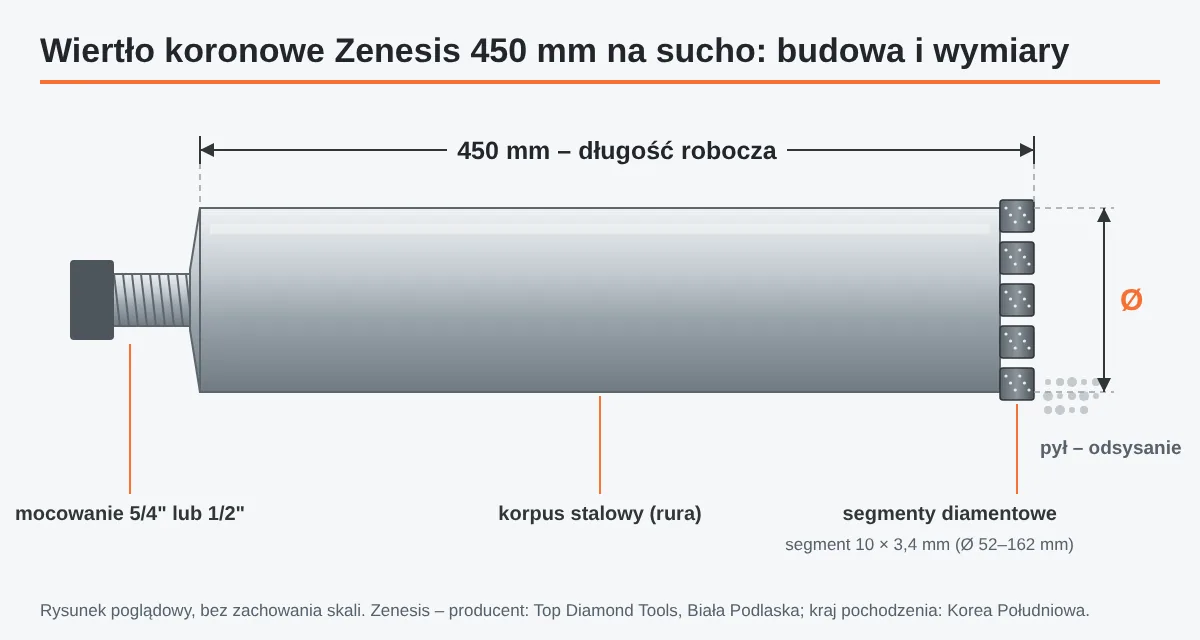 Schemat wiertła koronowego Zenesis na sucho: mocowanie, korpus 450 mm, segmenty diamentowe, odsysanie pyłu