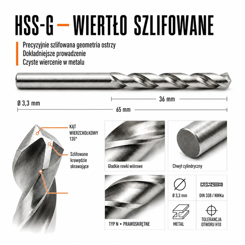 WIERTŁO SZLIFOWANE HSS-G DIN 338 FI. 3,3 MM DO METALU 5