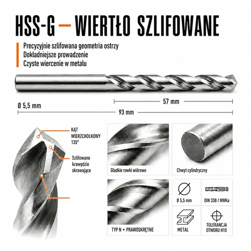 WIERTŁO SZLIFOWANE HSS-G DIN 338 FI. 5,5 MM DO METALU 6