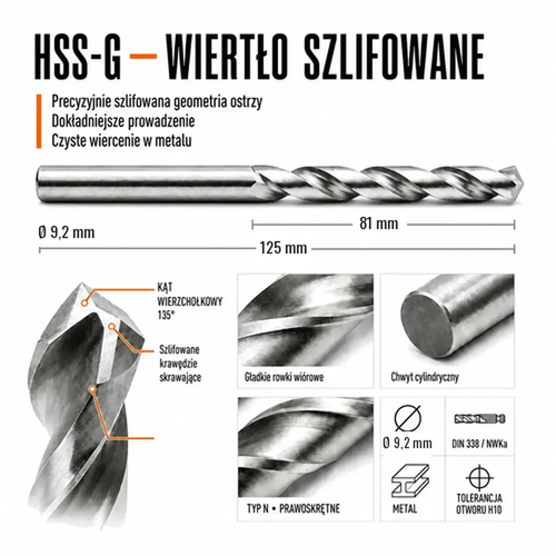 WIERTŁO SZLIFOWANE HSS-G DIN 338 FI. 9,2 MM DO METALU 5
