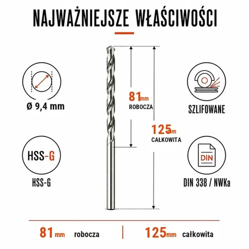 WIERTŁO SZLIFOWANE HSS-G DIN 338 FI. 9,4 MM DO METALU 3