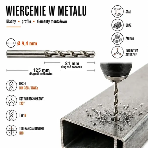 WIERTŁO SZLIFOWANE HSS-G DIN 338 FI. 9,4 MM DO METALU 4