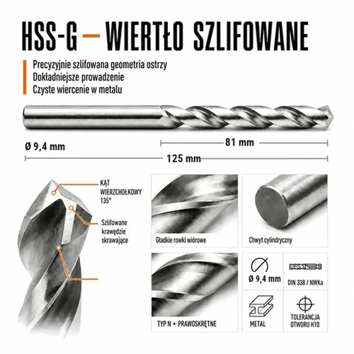 WIERTŁO SZLIFOWANE HSS-G DIN 338 FI. 9,4 MM DO METALU 5