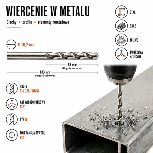 WIERTŁO SZLIFOWANE HSS-G DIN 338 FI. 10,2 MM DO METALU 4