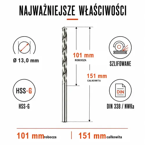 WIERTŁO SZLIFOWANE HSS-G DIN 338 FI. 13,0 MM DO METALU 4