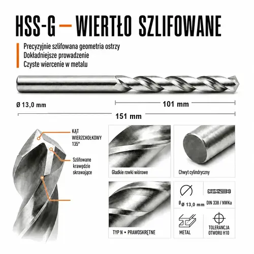 WIERTŁO SZLIFOWANE HSS-G DIN 338 FI. 13,0 MM DO METALU 6