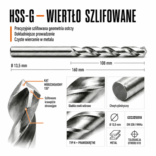 WIERTŁO SZLIFOWANE HSS-G DIN 338 FI. 13,5 MM DO METALU 5