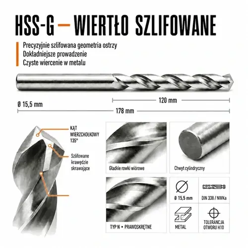 WIERTŁO SZLIFOWANE HSS-G DIN 338 FI. 15,5 MM DO METALU 6