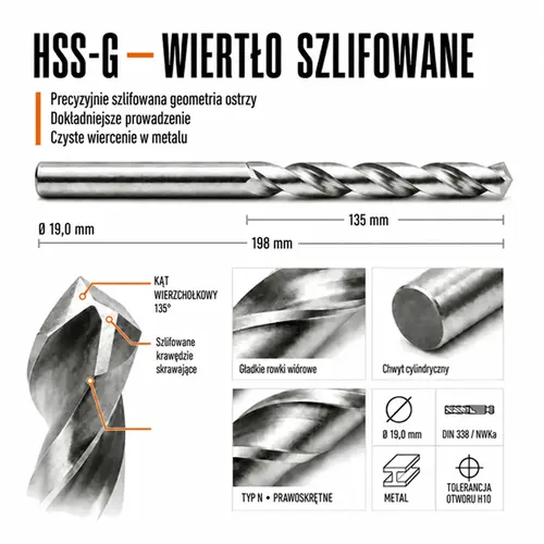 WIERTŁO SZLIFOWANE HSS-G DIN 338 FI. 19,0 MM DO METALU 5