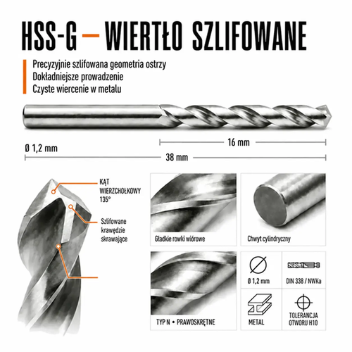WIERTŁO SZLIFOWANE HSS-G DIN 338 FI. 1,2 MM DO METALU 5