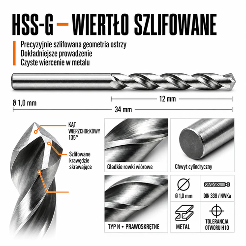 WIERTŁO SZLIFOWANE HSS-G DIN 338 FI. 1,0 MM DO METALU 5